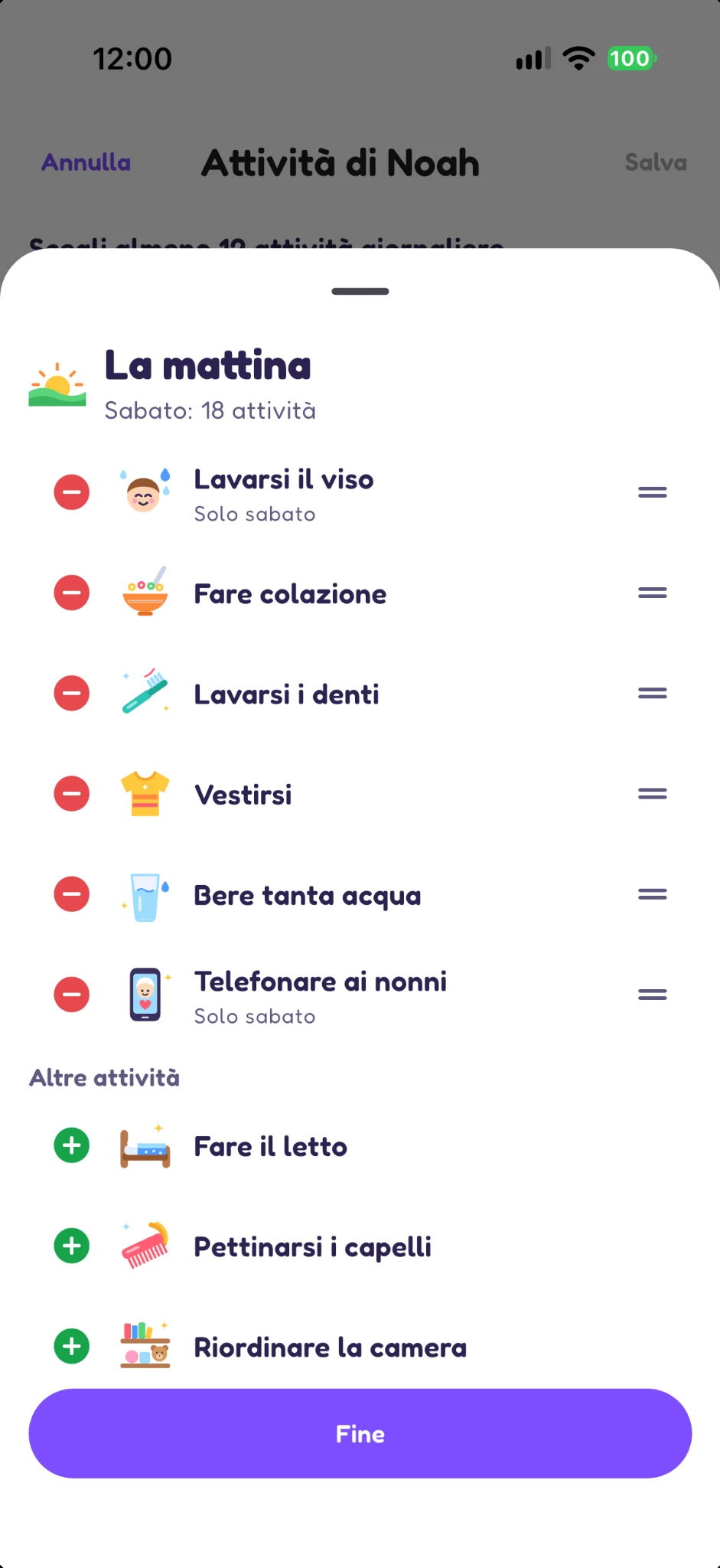 Elenco personalizzabile delle attività della mattina
