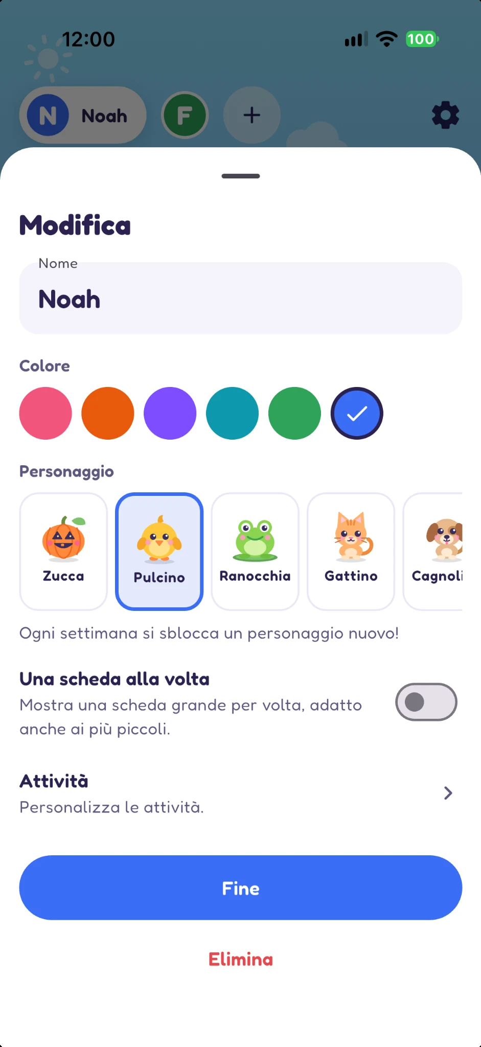 Scelta del colore, del personaggio e della modalità una scheda alla volta